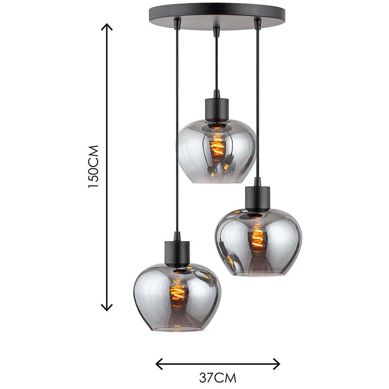 Modren Simple Light Kelly Justerbar Rund Fuld Smoke Glas Loft Pendent Light 3lys Dia19cm E27