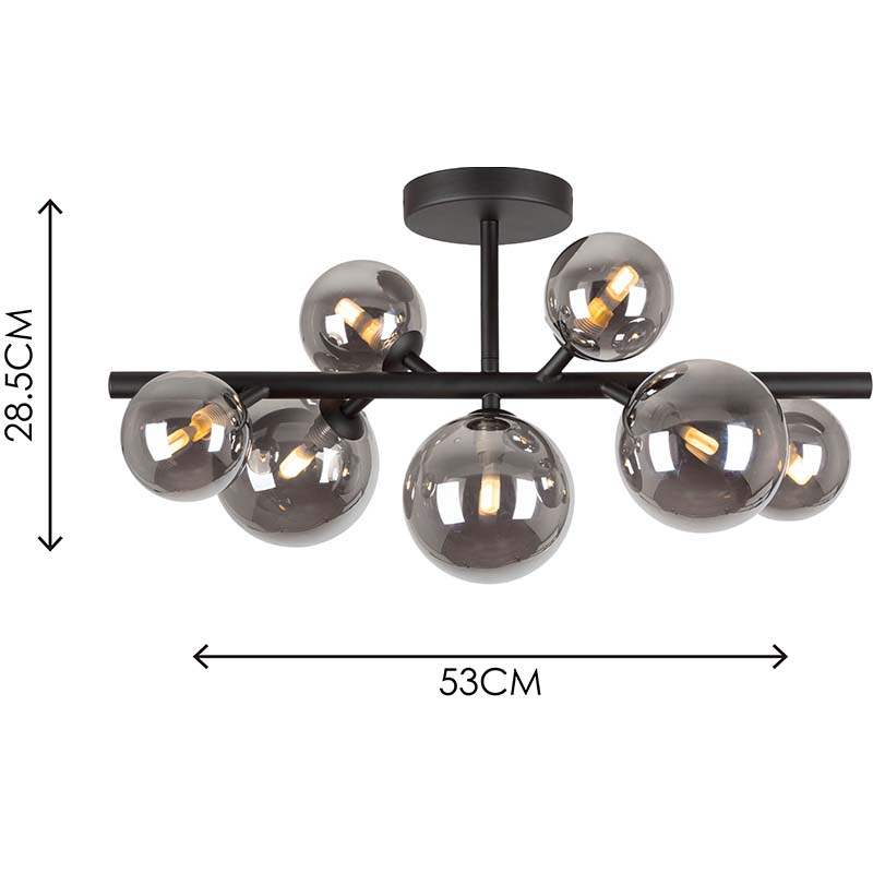 Nordic Authenic Design Loftslampe Luksus Dekorativ Loftslampe 7lys Mat Sort & Smoky Glass G9