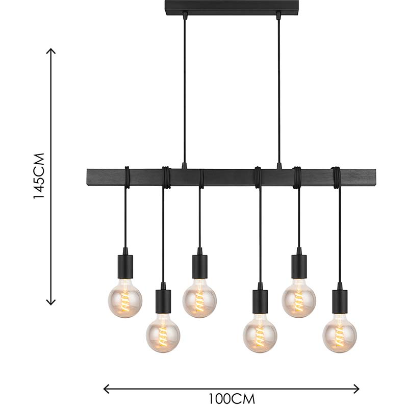 Mordern Elegant industrielt trædesign lysekrone dekorativ justerbar sort træ pendel 6lys E27